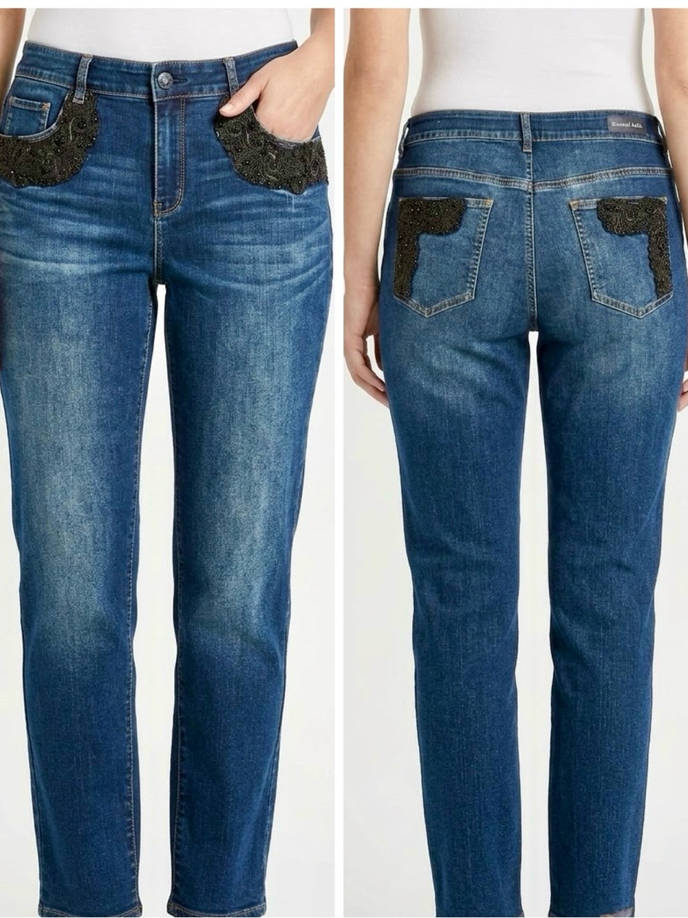 CHICO’S Platinum Relaxed Ankle Med Straight-Leg Jeans w Black Beaded Lace #115